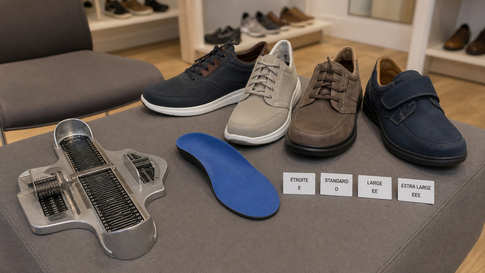Pédimètre, semelle orthopédique et chaussures de largeurs différentes