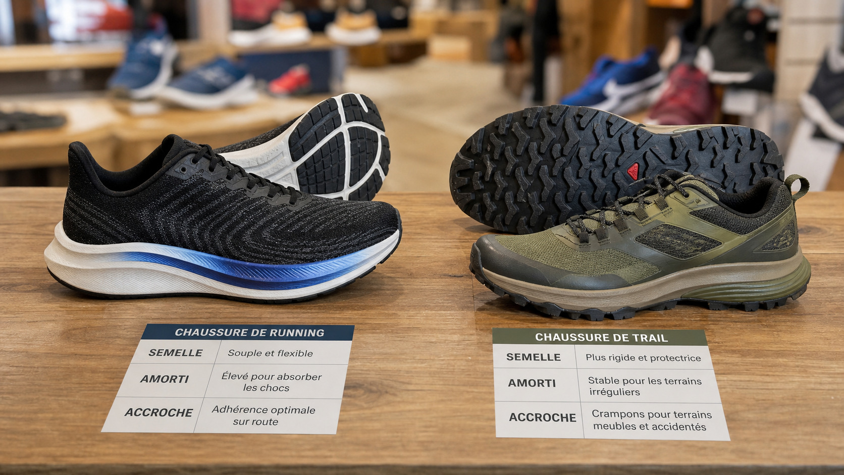 Chaussures de running et de trail comparées par semelle, amorti et accroche