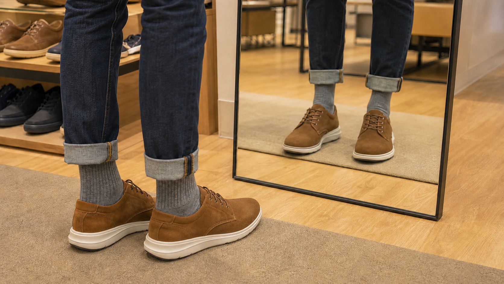 Essayage de deux chaussures devant un miroir avec chaussettes adaptées