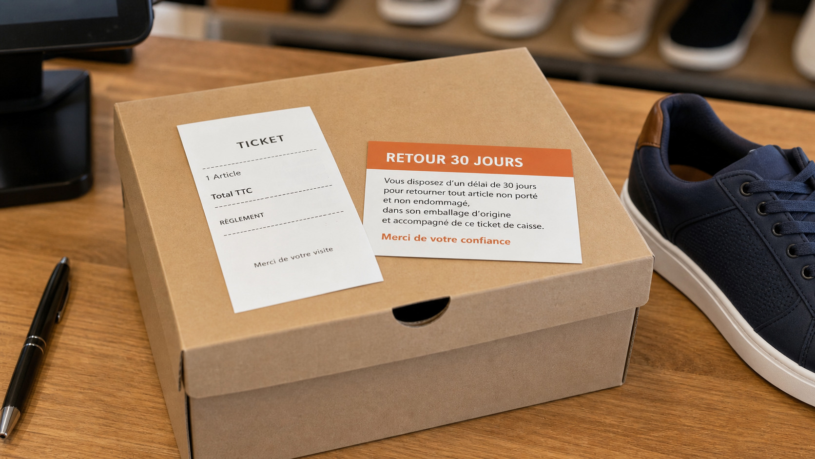Ticket de caisse et conditions de retour posés sur une boîte de chaussures
