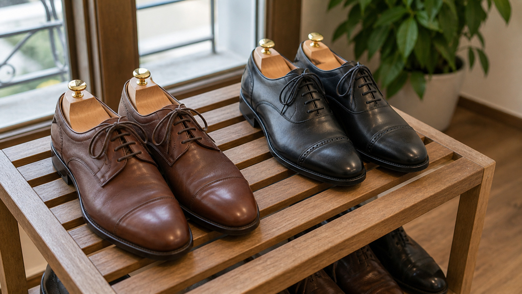 Deux paires de chaussures rangées avec embauchoirs pour sécher entre deux ports