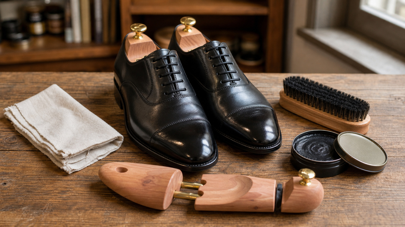 Chaussures en cuir lisse avec brosse, chiffon, cirage et embauchoirs