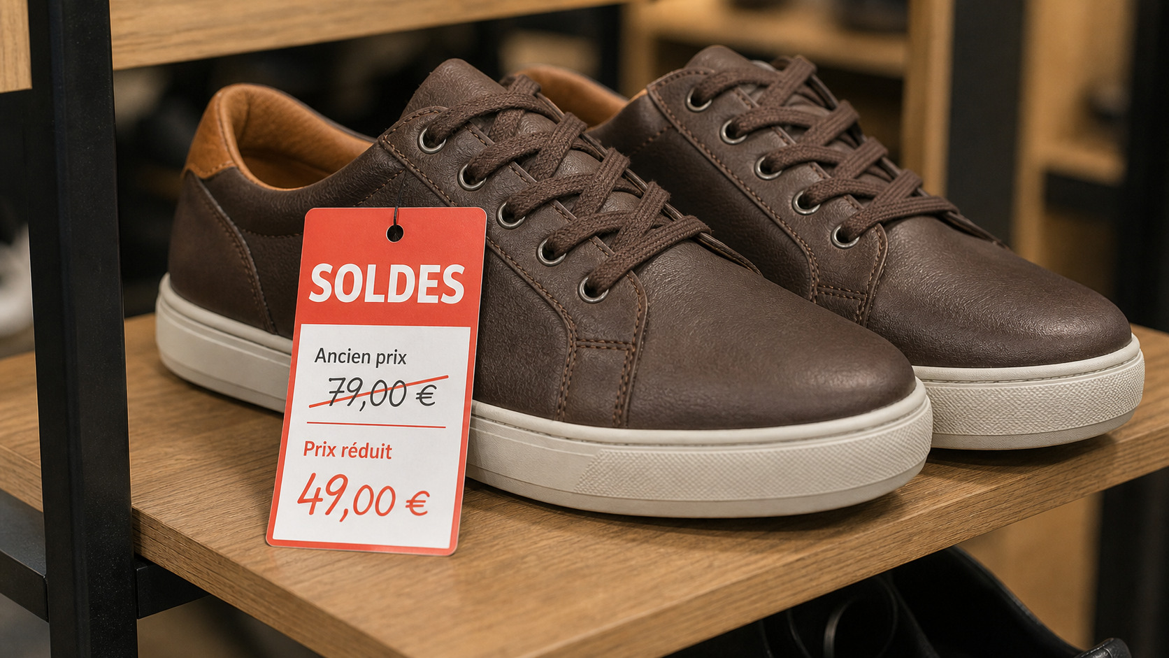 Étiquette de soldes sur une paire de chaussures avec ancien prix et prix réduit